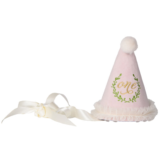 ONE Party Hat with Laurel Wreath Embroidery Pink