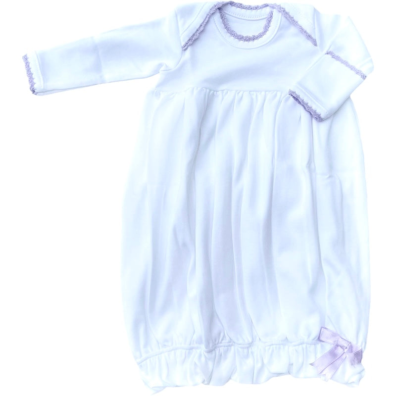 LS White with Lavender Crochet Trim Lap Shoulder Gown