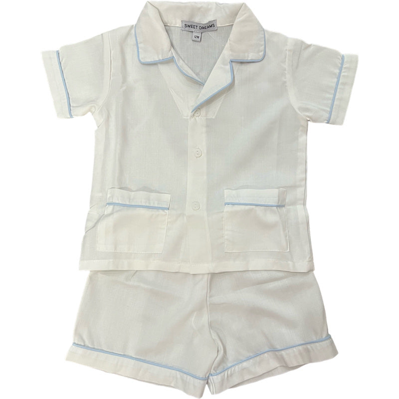 Short Sleeve Pajama Short Set- White w/ Blue