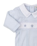 Kissy Light Blue Star Footie with Hand Smocking & Collar