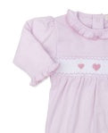 Kissy Pink Heart Footie with Hand Smocking