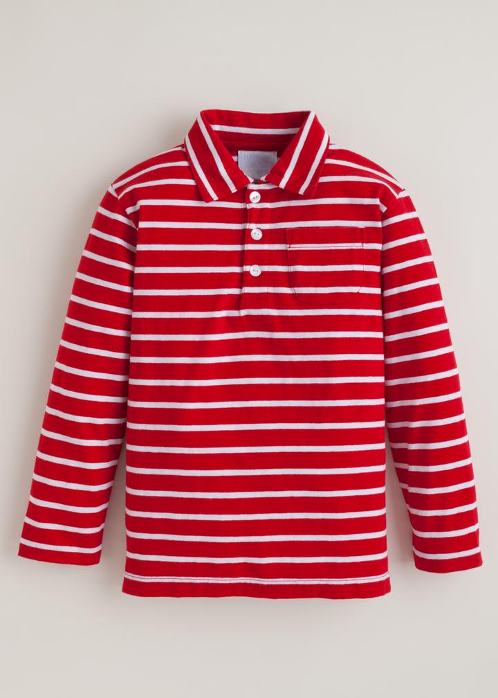 Long Sleeve Striped Polo - Red/White