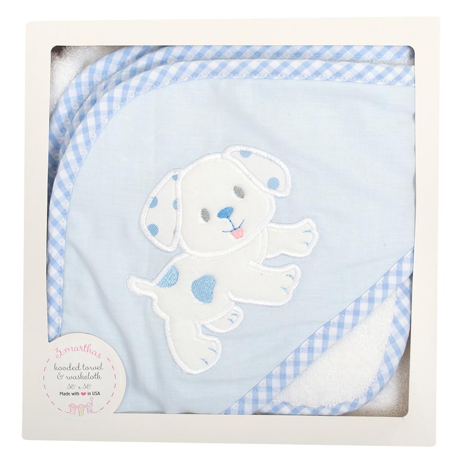 Blue Puppy Boxed Hooded Towel & Washcloth Set