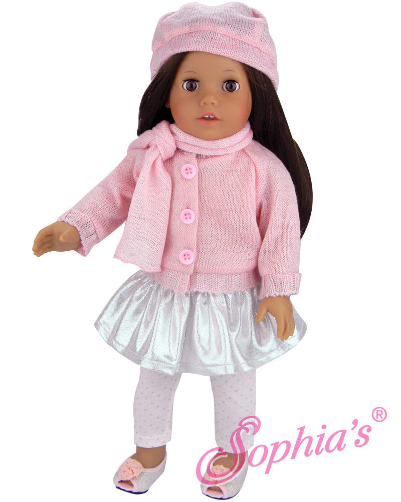 18" Doll Silver Skirt, Pink Cardigan, Sparkle Leggings, Hat, & Scarf