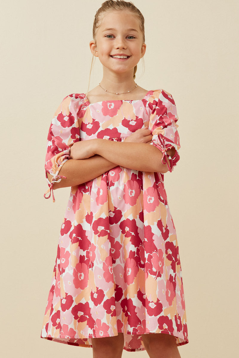 Large Floral Square Neck Puff Sleeve Dress