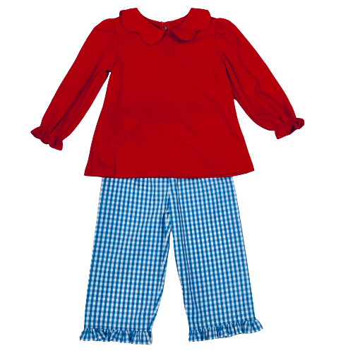 Knit Scalloped Collar Red Shirt/Blue Gingham Pants
