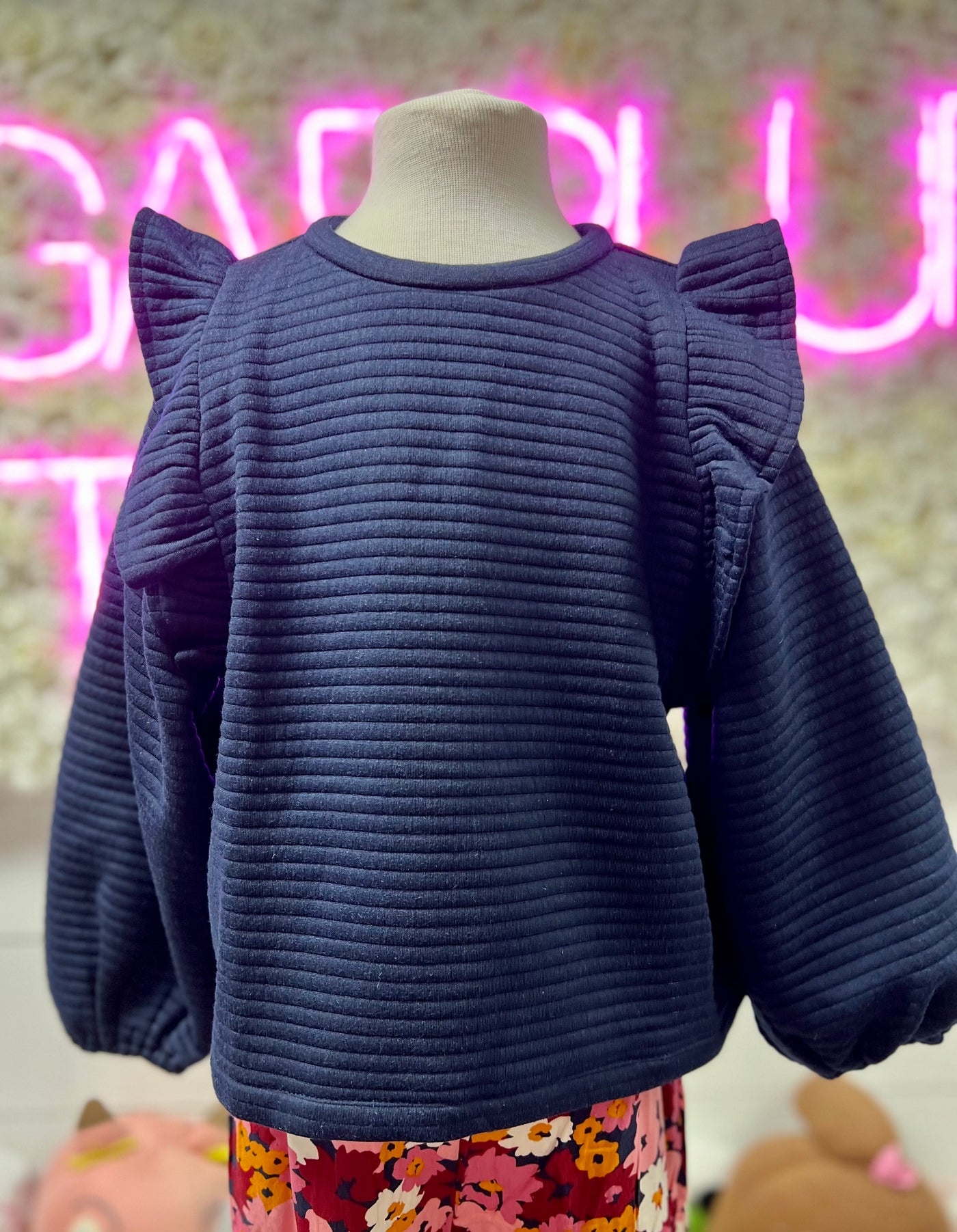 Blue Quilted Sweatshirt w/ Long Puff Sleeves