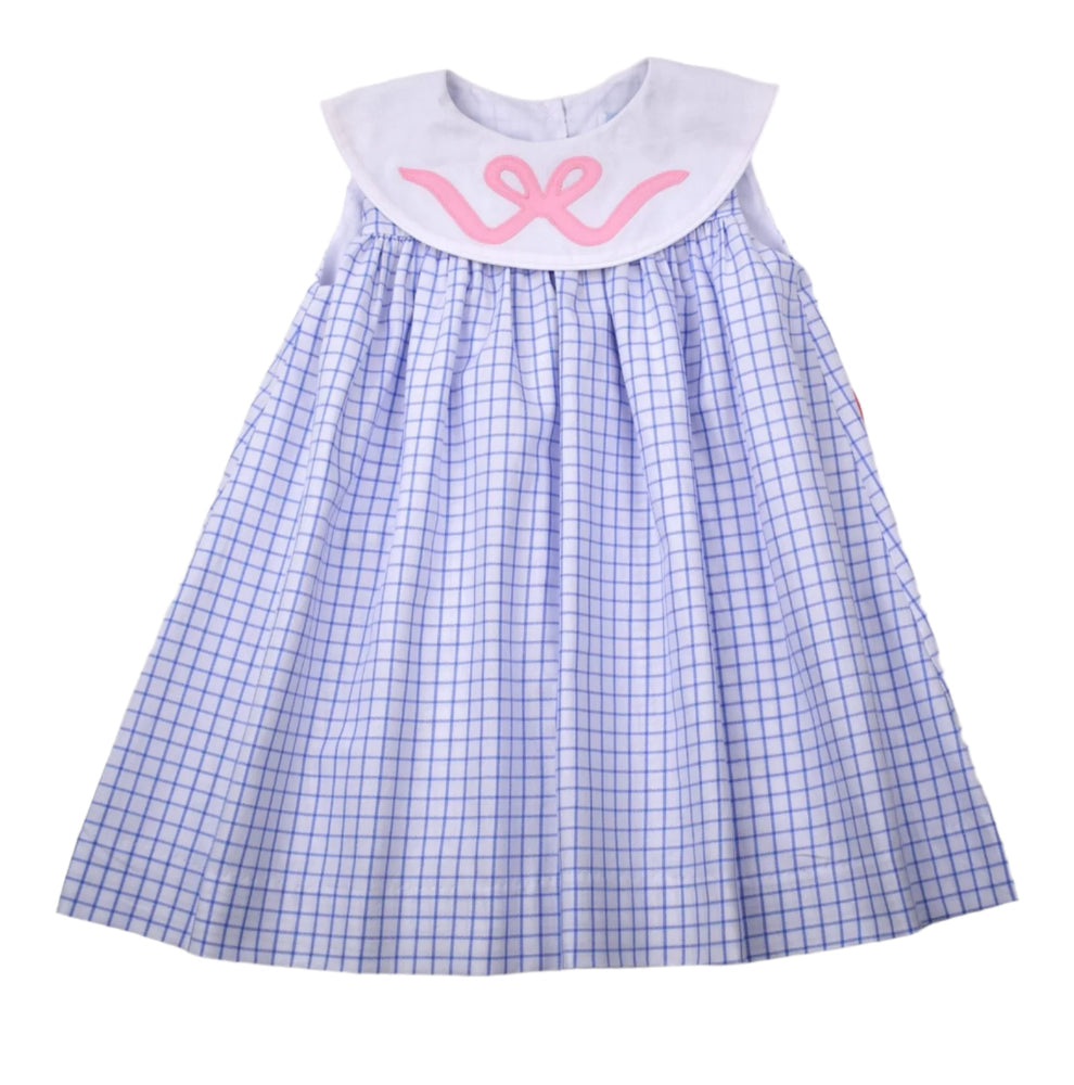 Blue Check Dress Bow Collar