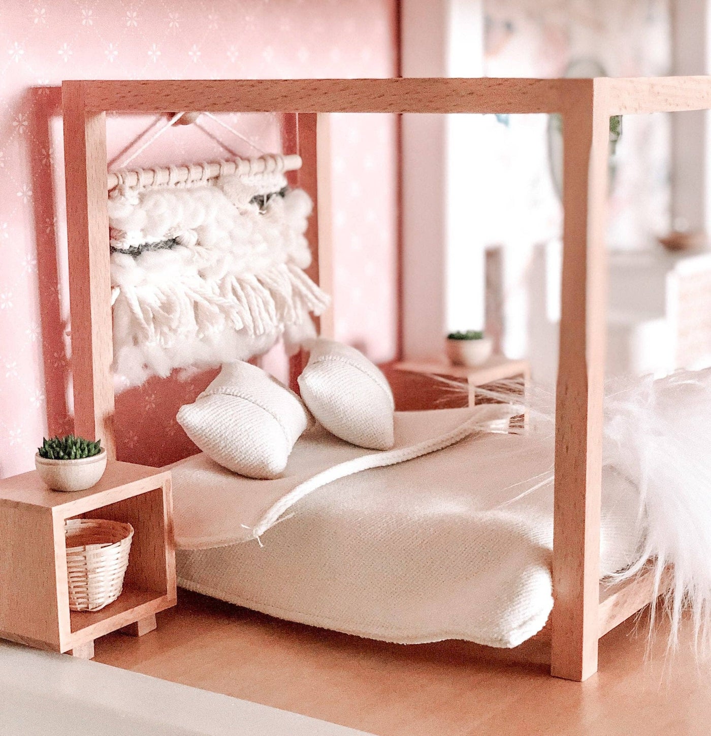 Four Poster Bed + Mattress | Natural Wood