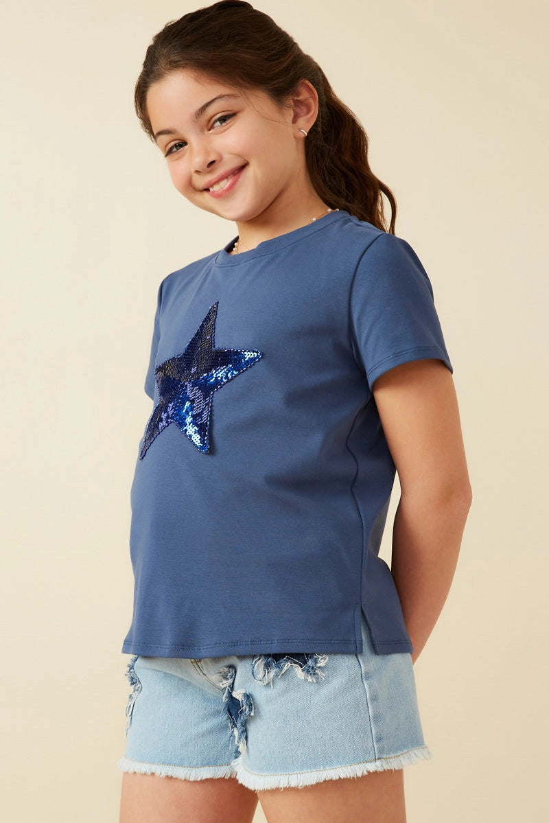 Sequin Star Patch Knit T Shirt Navy