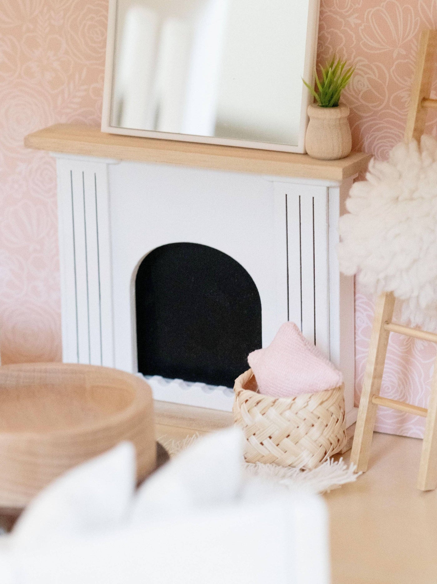 Dollhouse Valencia Arched Fireplace | Natural Wood + White