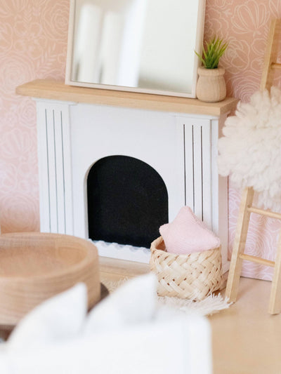 Dollhouse Valencia Arched Fireplace | Natural Wood + White