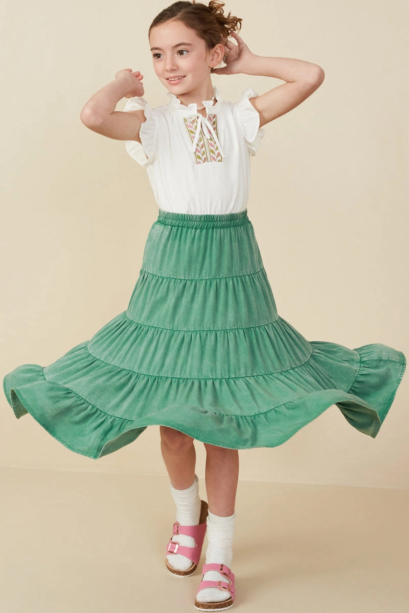 Two Tone Washed Tiered Skirt Green