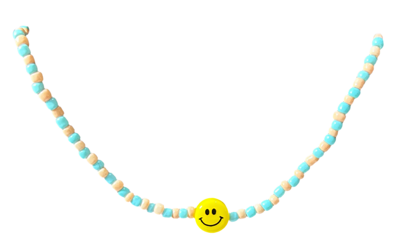 Blue & Tan Beaded Choker w/ Yellow Smiley Face Bead