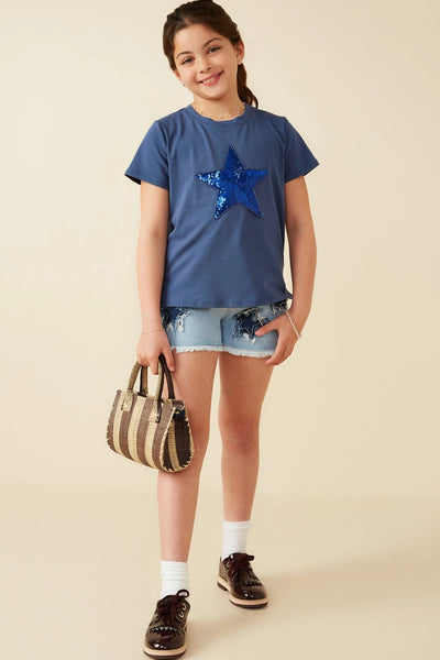 Sequin Star Patch Knit T Shirt Navy