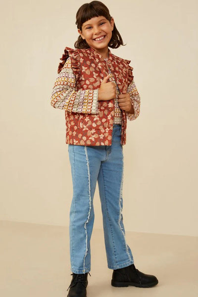 Fall Floral Ruffle Trim Puffer Vest