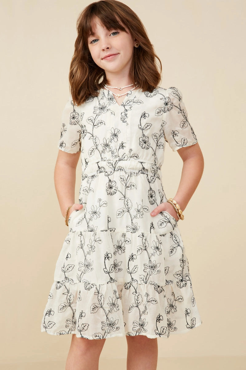 Botanical Embroidered Notch Neck Dress Off White