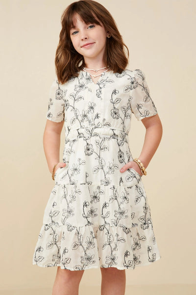 Botanical Embroidered Notch Neck Dress Off White