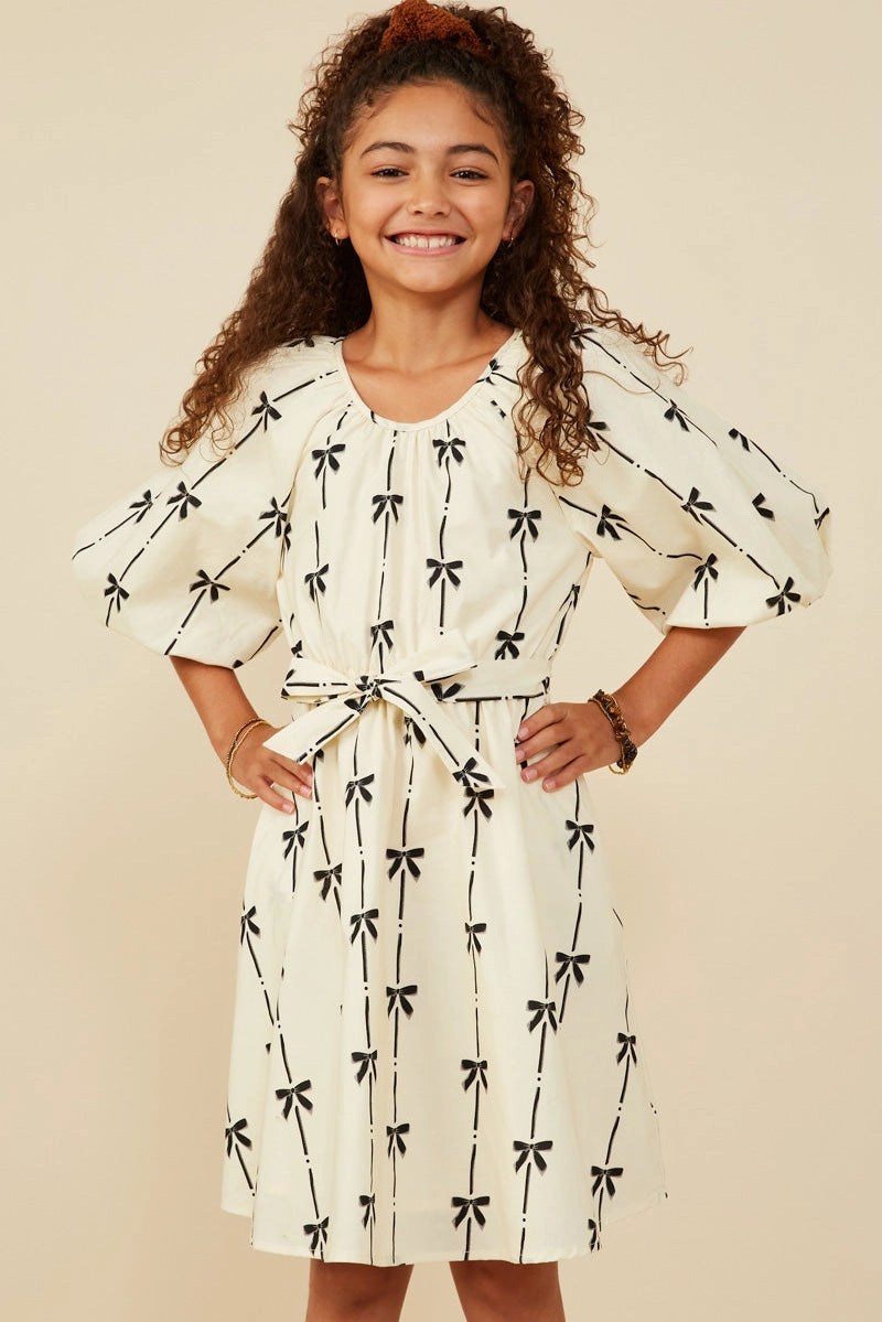 All Over Bow Print Belted Dress Ivory