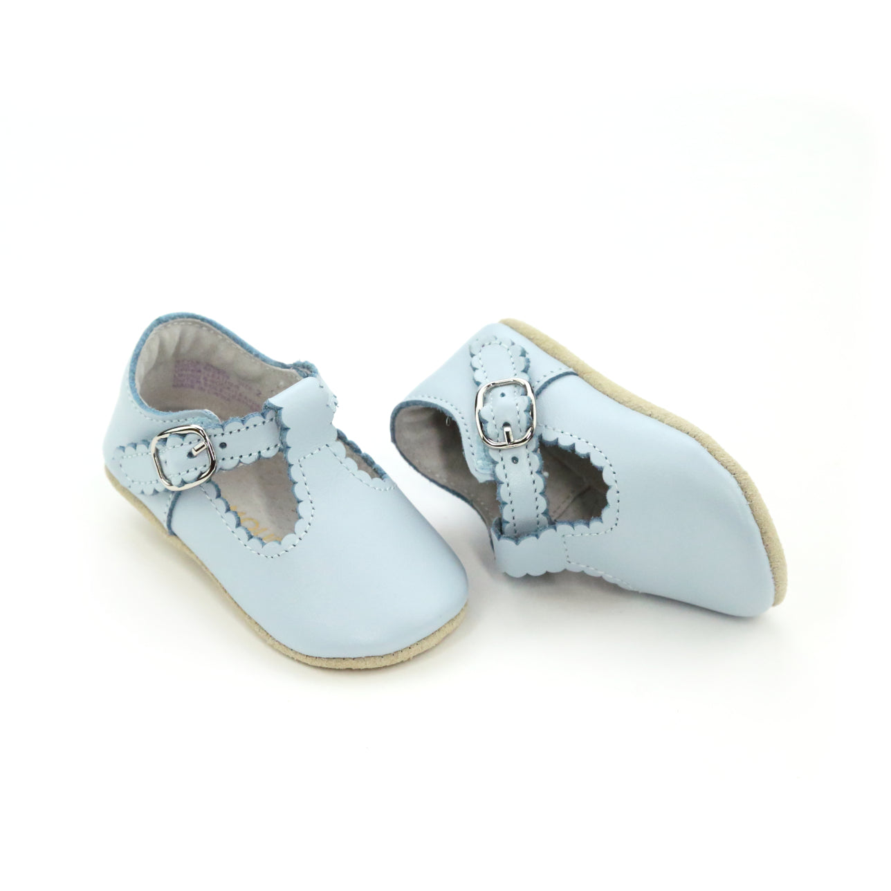 Elodie Girls Scalloped T Strap Mary Jane Crib Shoe Light Blue