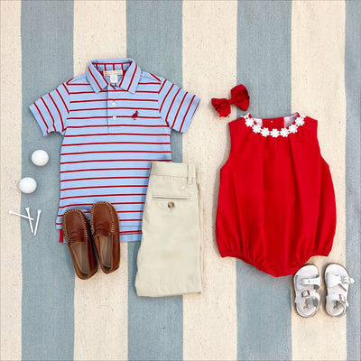 Prim and Proper Polo Broward Blue Stripe Rich Red