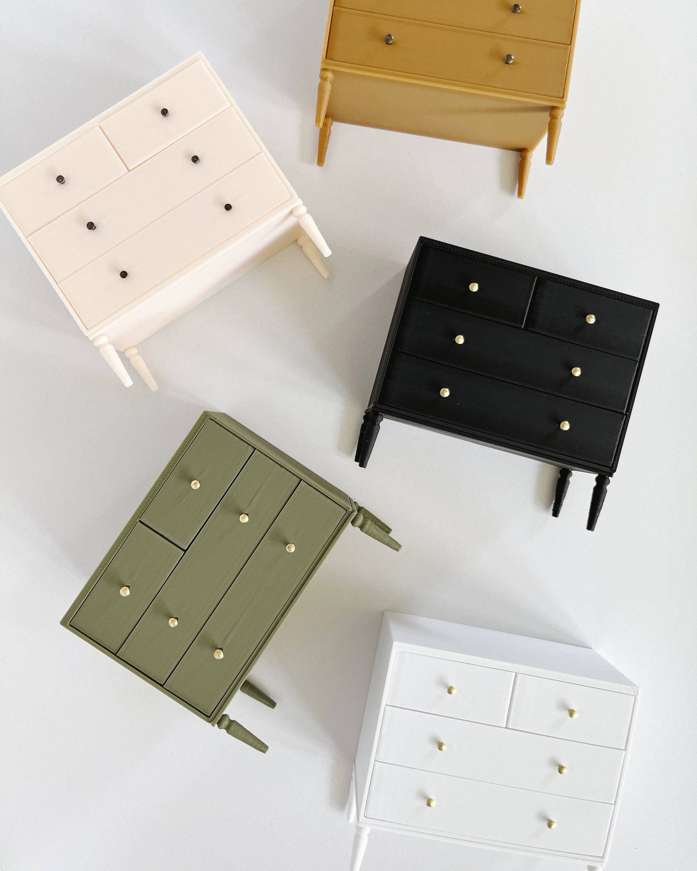 Modern 4-Drawer Miniature Dollhouse Dresser: Olive / Antique Brass (Gold)