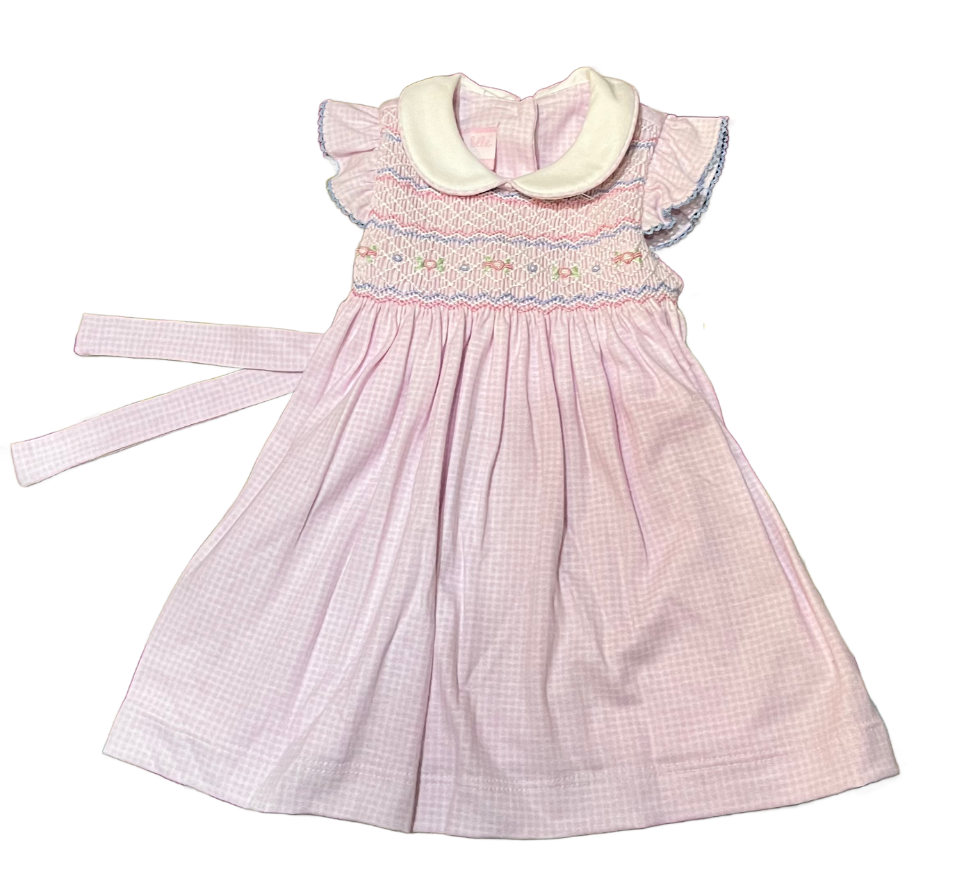 Pink Knit Mini Check Smocked Dress