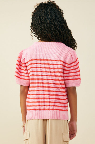 Striped Puff Sleeve Short Sleeve Sweater Knit Top Pink Mix