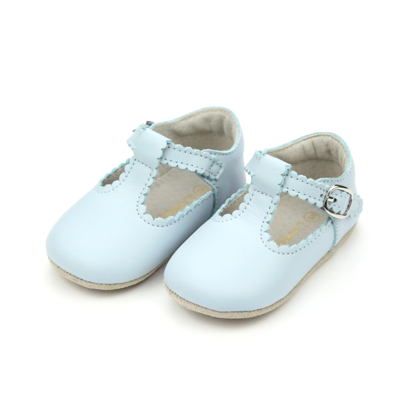 Elodie Girls Scalloped T Strap Mary Jane Crib Shoe Light Blue