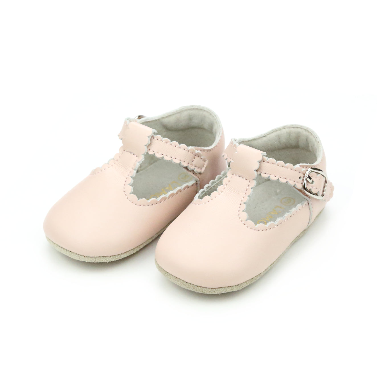Elodie Girls Scalloped T Strap Mary Jane Crib Shoe Pink