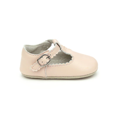 Elodie Girls Scalloped T Strap Mary Jane Crib Shoe Pink