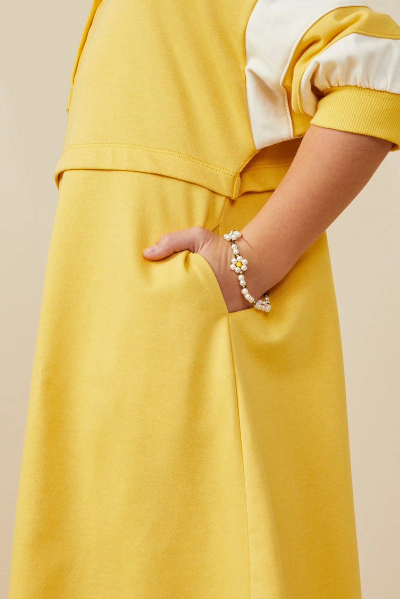 Colorblock Sleeve Collared French Terry Dress Yellow
