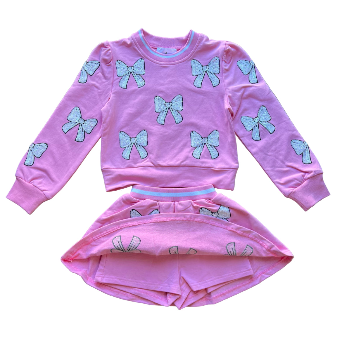 Light Pink White Bow Sweatshirt & Skort Set