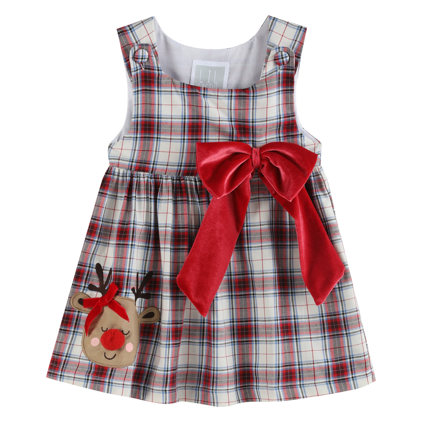 Plaid Big Bow and Button Reindeer Dress