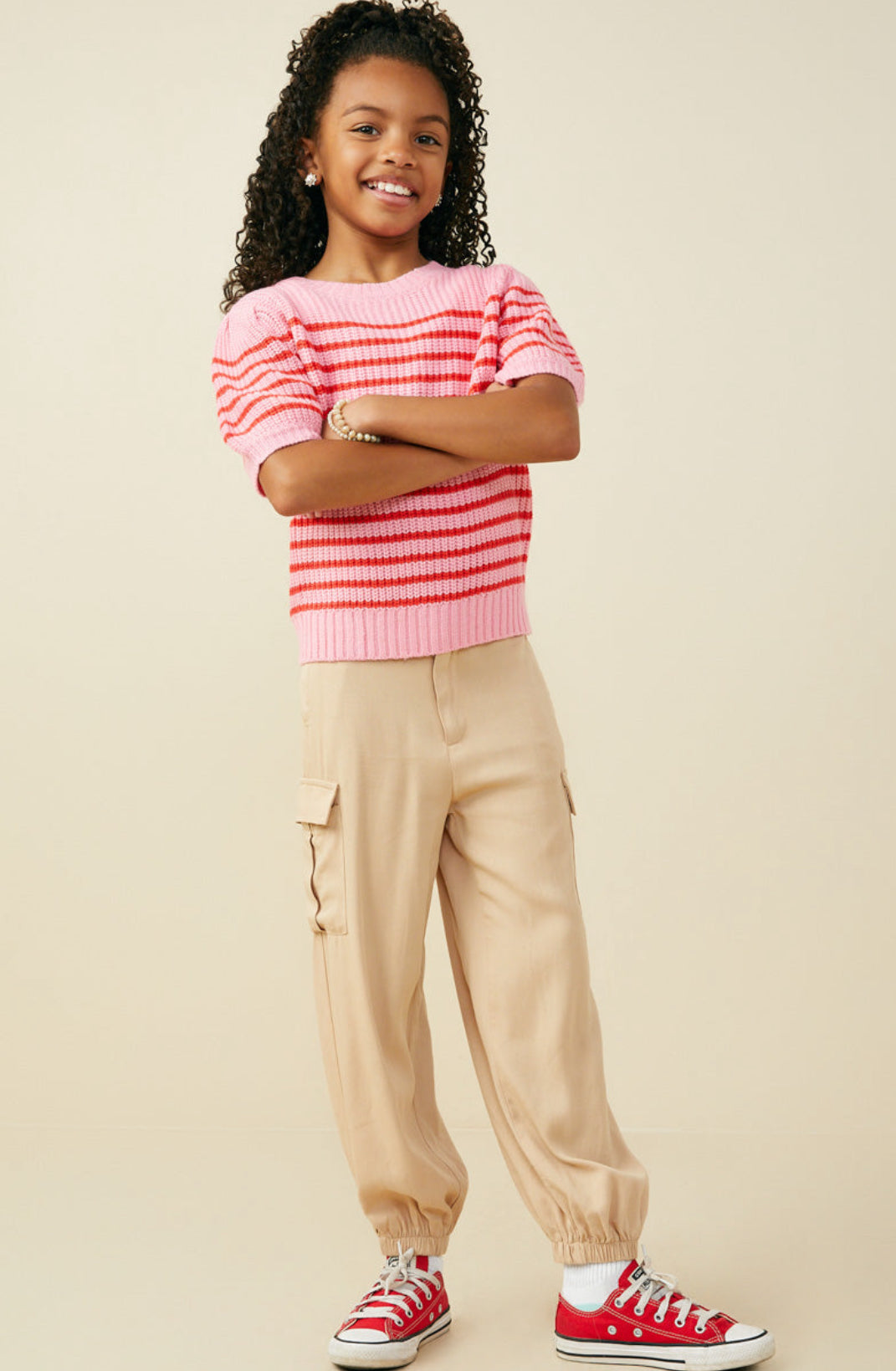 Striped Puff Sleeve Short Sleeve Sweater Knit Top Pink Mix