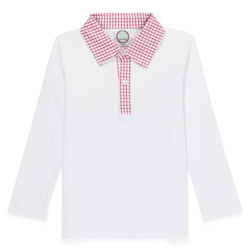 White LS Top w/ Red Windowpane Collar