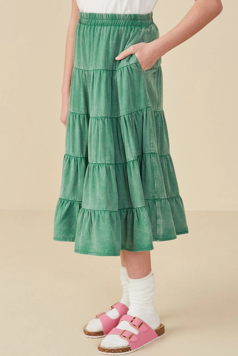 Two Tone Washed Tiered Skirt Green