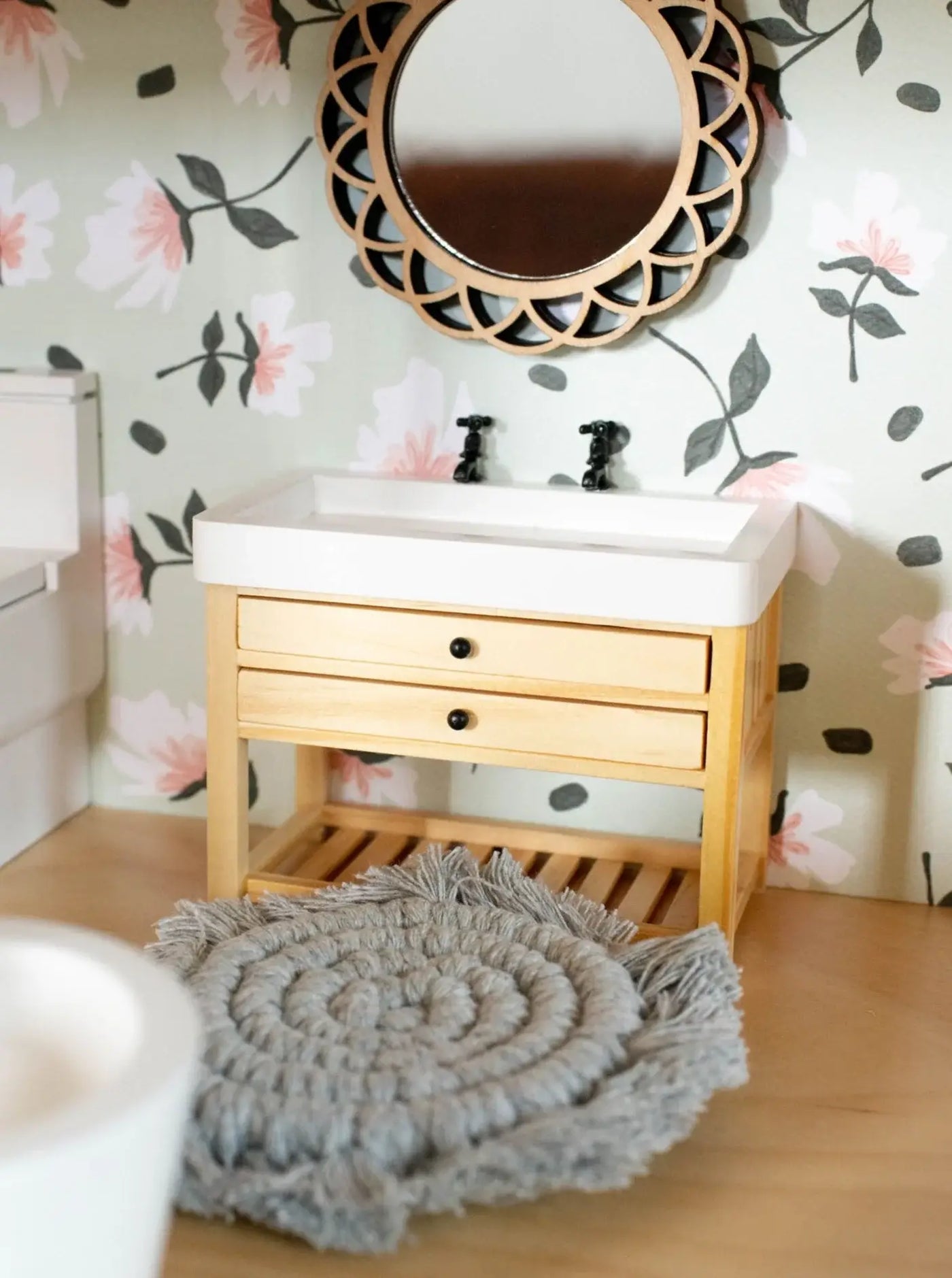 Dollhouse Double Faucet Bathroom Vanity | Wood & White