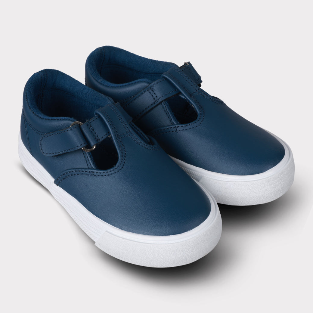 Khloe Navy Leather T Strap Hook & Loop