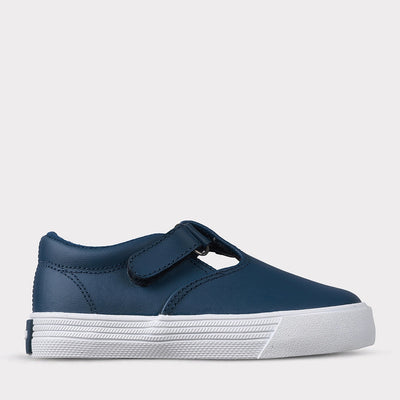 Khloe Navy Leather T Strap Hook & Loop