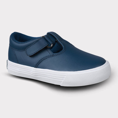 Khloe Navy Leather T Strap Hook & Loop