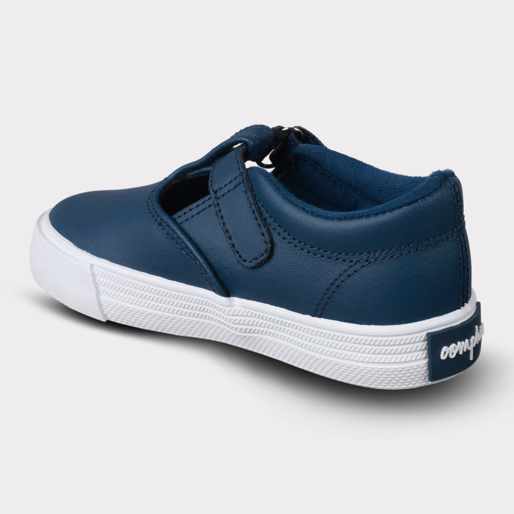 Khloe Navy Leather T Strap Hook & Loop