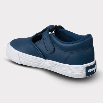 Khloe Navy Leather T Strap Hook & Loop