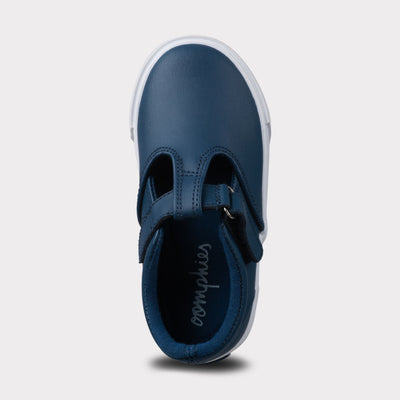 Khloe Navy Leather T Strap Hook & Loop