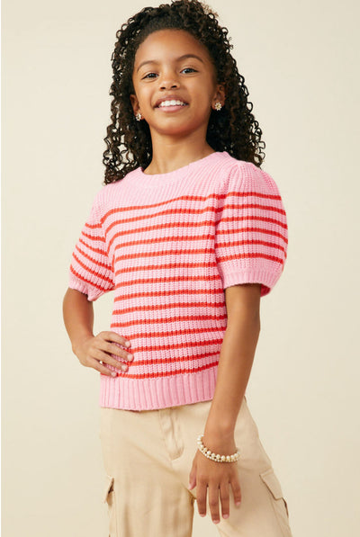 Striped Puff Sleeve Short Sleeve Sweater Knit Top Pink Mix