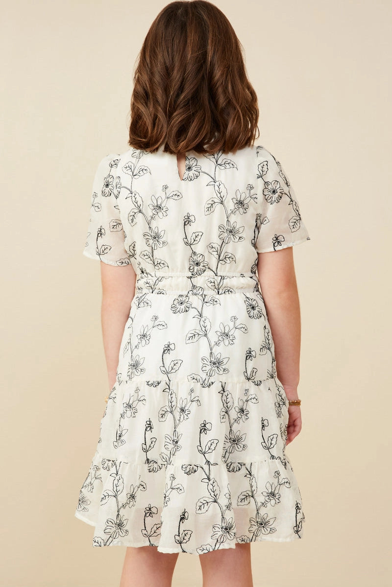 Botanical Embroidered Notch Neck Dress Off White