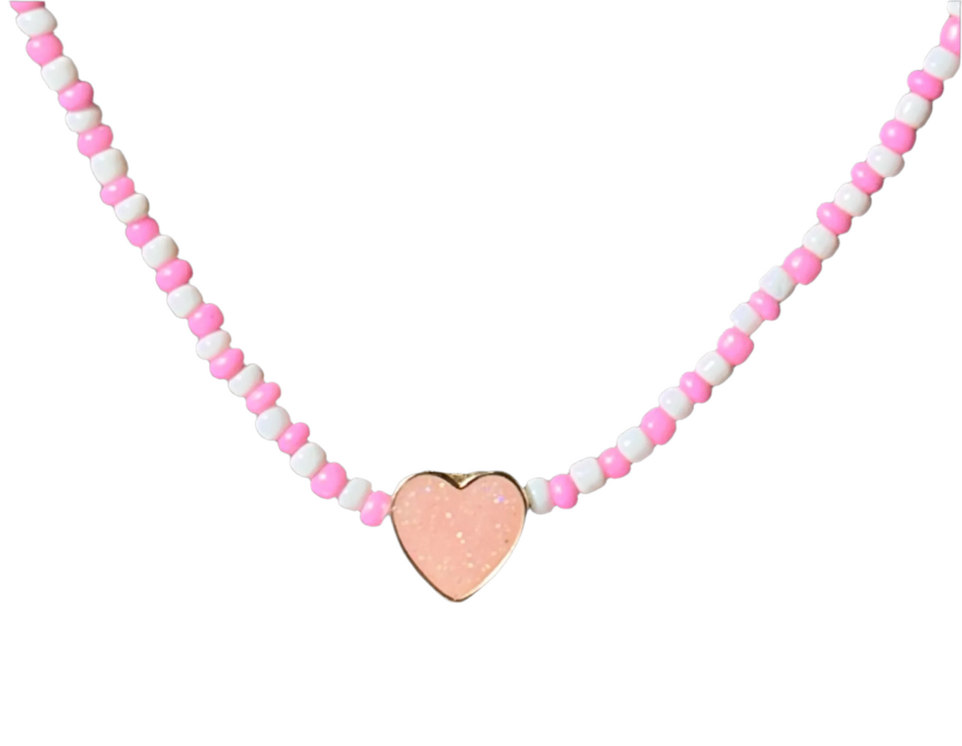 Pink Beaded Heart Pendant Necklace