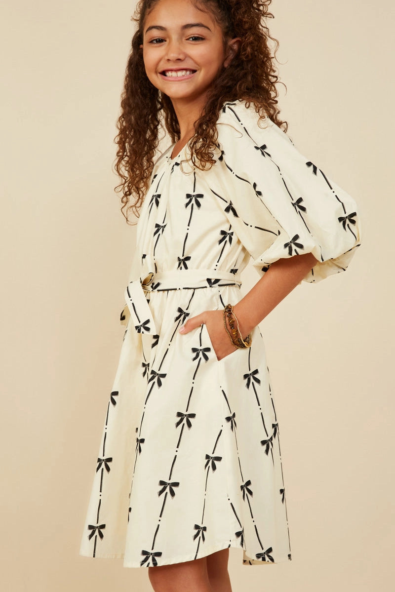 All Over Bow Print Belted Dress Ivory