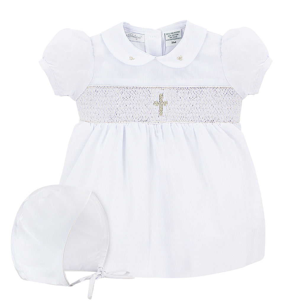 Smocked Cross Girl Christening Dress