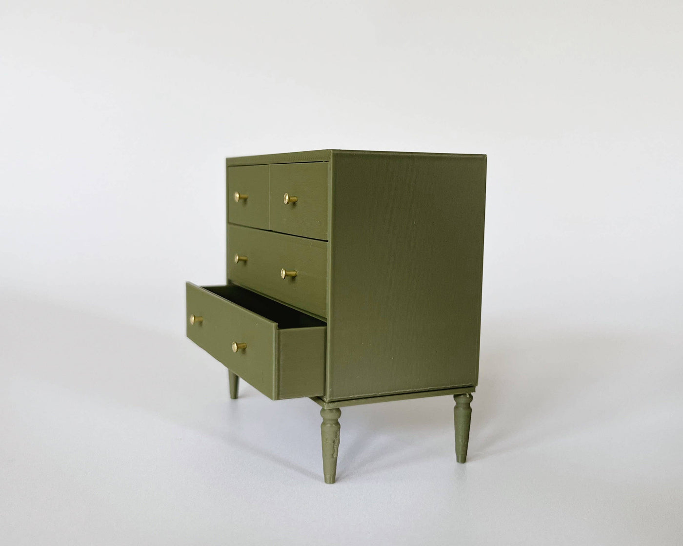 Modern 4-Drawer Miniature Dollhouse Dresser: Olive / Antique Brass (Gold)